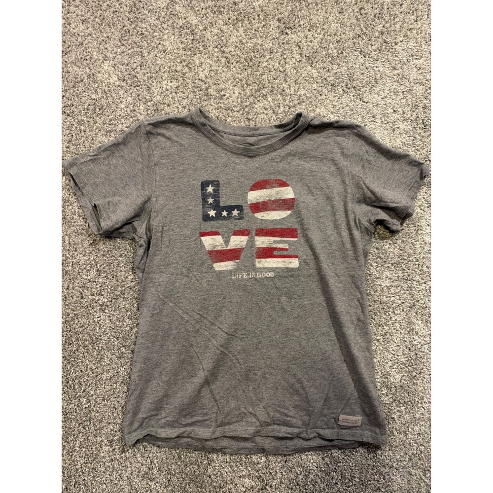 Life is Good T-Shirt Women Large Gray LOVE American Flag Graphic Classic Fit Tee
